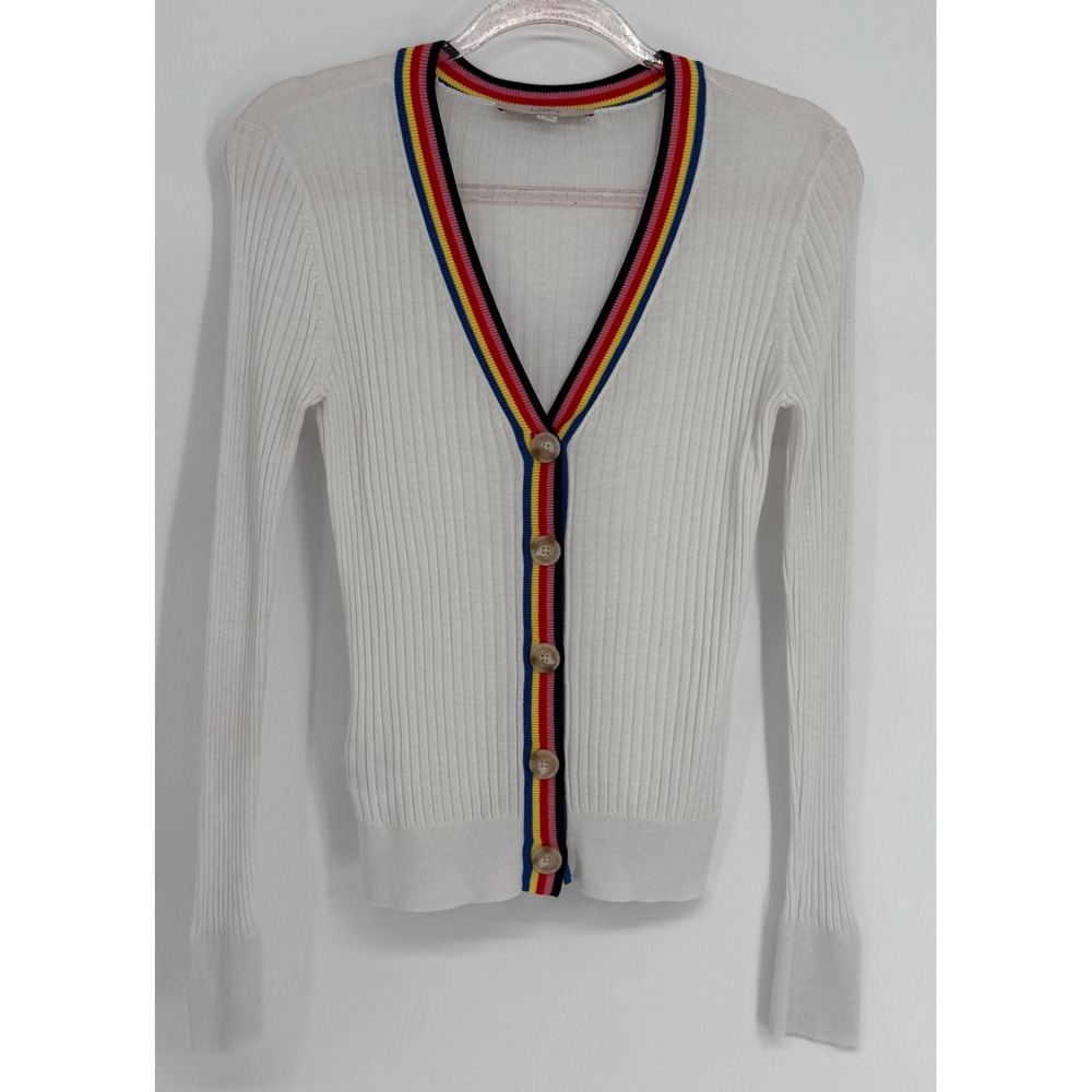 LOFT Womens White Ribbed Knit Rainbow Trim V-Neck Button Front Cardigan Sz S